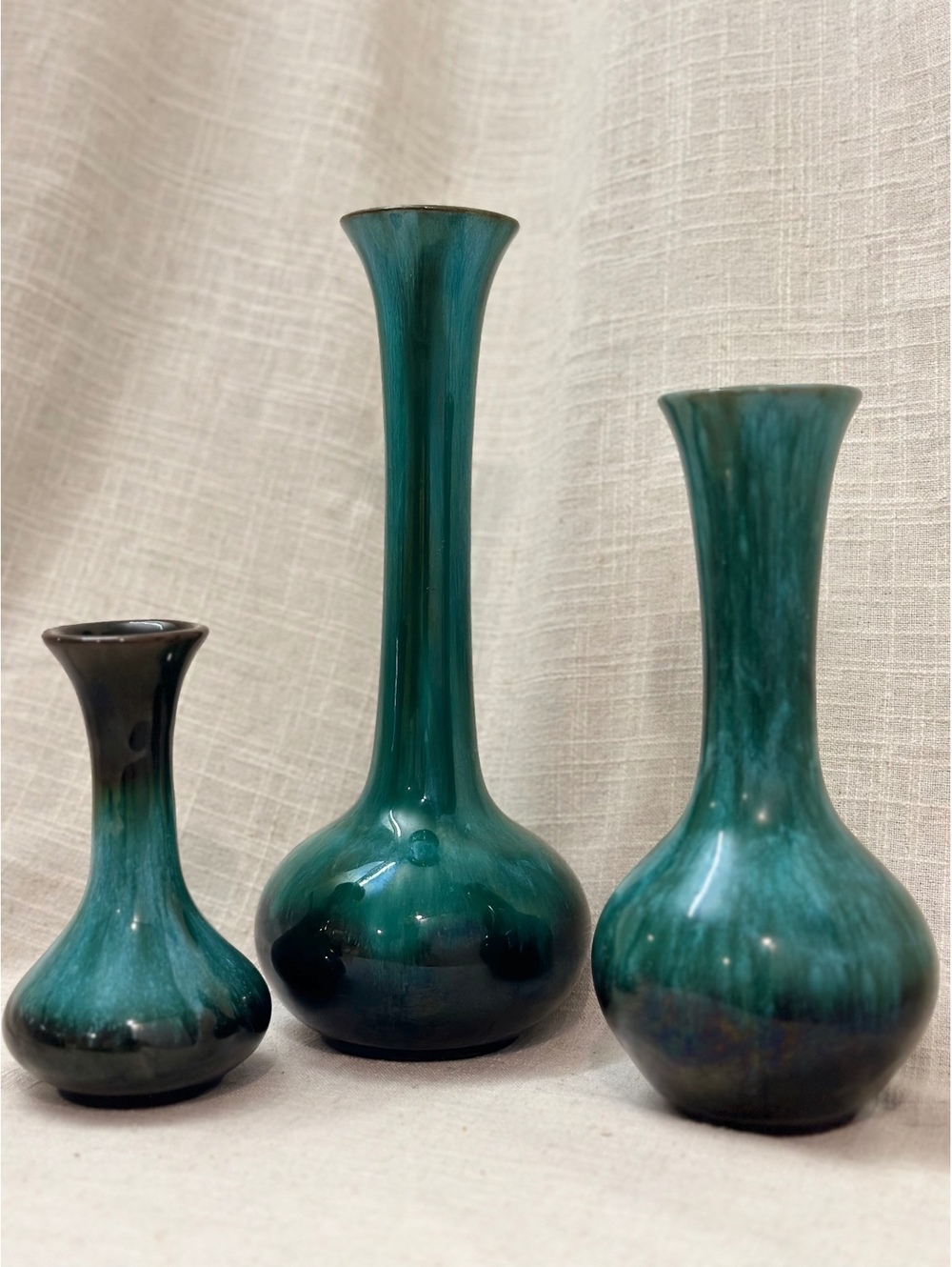 Vintage Blue Mountain Pottery Set of 3 Trumpet Vases Canada Green Drip Glaze